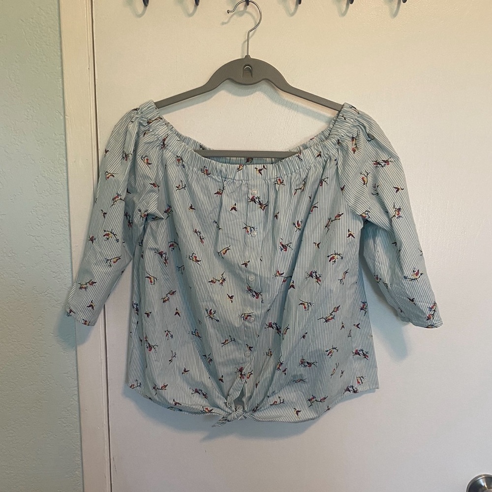 Iris Women’s Crop Pheasant Boho Bird Print Front Knot Tie Half Sleeve Top Sz S
